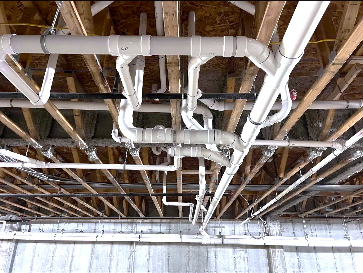 A waste stack and branch lines roughed in overhead between floor joists.